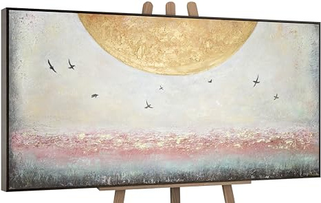 YS-Art Pintura hecha a mano Energía solar Abstracta paisaje marino dorado y un bonito color rosa Arte moderno Pintado en acrílico con marco 140x70 cm