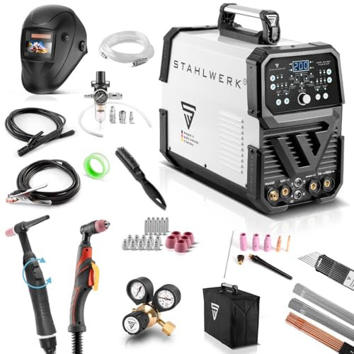 STAHLWERK Soldadora combinada 4 en 1 AC/DC TIG 200 pulsos D CUT - totalmente equipada - Máquina de soldar digital con 200 A, TIG/MMA, función de pulso y plasma 50 A, IGBT, aluminio y chapa fina
