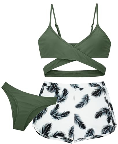 Maeau - Ensemble Bikini Maillot de Bain 3 Pièces Fille sans Manches Bikini Top+Culotte Bikini+Short de Bain Été Plage Piscines - Vert - 10-11 Ans