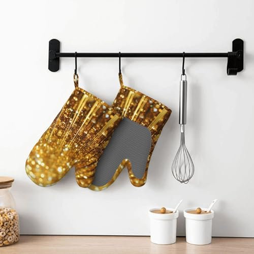Ofenhandschuhe 2 Stück Silikon Ofenhandschuhe Hitzebeständig Rutschfest Gold Bling Küchenhandschuhe Wasserdicht BBQ Handschuhe Weiches Futter Kochhandschuhe für Damen Herren Backen Grillen