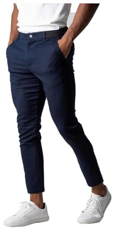 Bizgent Active - Pantalones chinos para hombre, básicos, casuales, ajustados, elásticos, con parte delantera plana, pantalones de vestir ajustados, azul, M
