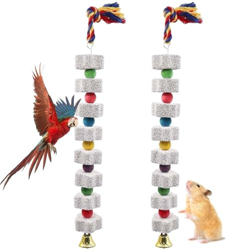 2-pack stora tuggleksaker för fåglar, 35 cm lång fågel papegoja tuggleksak, mineralsten-baktandsleksak med klocka, fågelhamster nymfparakit undulat foder leksak tuggleksak