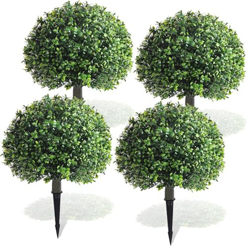 Yunlly 4 Pack 18 Artificial Boxwood Ball Bush Topiary Trees Fake Outdoor Plants, Realistic UV Resistance Faux Shrubs with Spike Greenery Topiary Potted for Front Porch Garden Yard Patio Indoor Decor