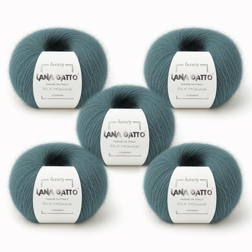 5 Ovillos 125 gr. Hilo de Mohaire Seda para tricotar Lana Gatto Luxury Silk Mohair Line, mezcla premium y suave para tejer y ganchillo, Made in Italy (Verde - 30486, 5)