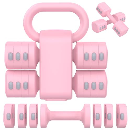 Hezeyferg 2-in-1 Adjustable Dumbbells Set, 4 Levels Weight Dumbbells Set for Women Men, Each 2.2/3.3/4.4/5.5lb Hand Weights with Kettlebell Form for Home Gym Exercise Training (Pink)