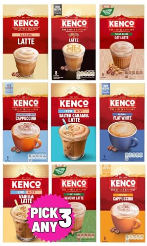 Kenco Instant Coffee Sachets Pick Any 3 packs from 9 Blend Inc: Almond Latte, Vanilla, Oat Latte, Baileys, Cappuccino, Flat White, ICED HOT salted Carmel