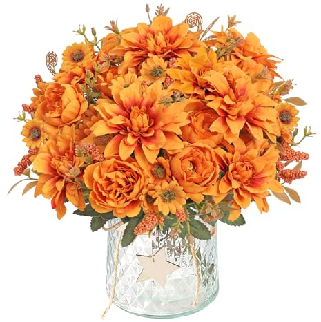 DEMIUKO 4 fasci arancioni artificiali, fiori autunnali, finti dalie, peonie, seta, mazzi di fiori artificiali, fiori autunnali, vaso decorativo per matrimoni, feste, tavolo per interni ed autunnali