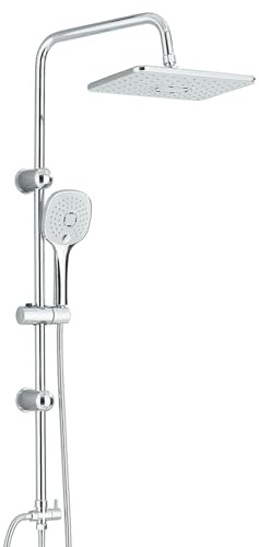 LLFFSSDG Columna de Ducha Fija con Grifo Monomando - Set de Ducha Lluvia Cuadrado 29x19cm y Alcachofa de Mano - Kit Completo de Ducha en Cromo Plata