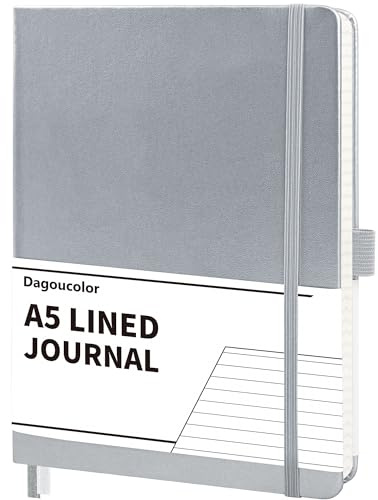 DagouColor Notebook A5, 90 Sheet, 120GSM - Silver, Lined | Hardcover Vegan PU Leather Journal Book, Premium Notepad for Writing & Note Taking, Pocket, Elastic Band Closure