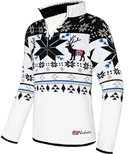 Nebulus Fria Pull en tricot chaud pour homme avec fourrure synthétique et col montant, pull avec fermeture éclair, look norvégien