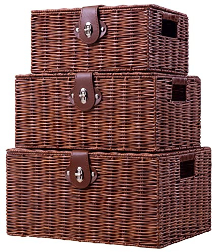 Homepeaz Set of 3 Woven Wicker Storage Basket Box with Lids & Lock, Built-in Carry Handles, Multifunctional Storage Organizer for Nursery, Baby, Clothes, Toys, Books, Large/Medium/Small Size (Natural)