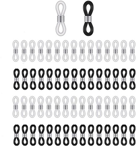 KAIAIWLUO Eyeglass Chain Ends Connector,30 PCS Silicone Black Eyeglass Chain Loop Holder + 30 PCS Rubber White Sunglasses Strap Buckle Spectacle Chain Loops for Women Men