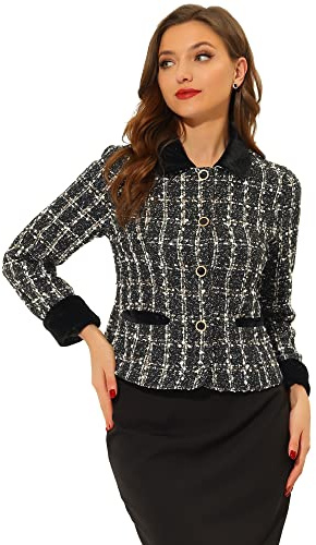 Allegra K Disfraz de navidad Chaqueta Blazer De Tweed Con Cuello De Vevelt Elegante Para Mujer Negro XS