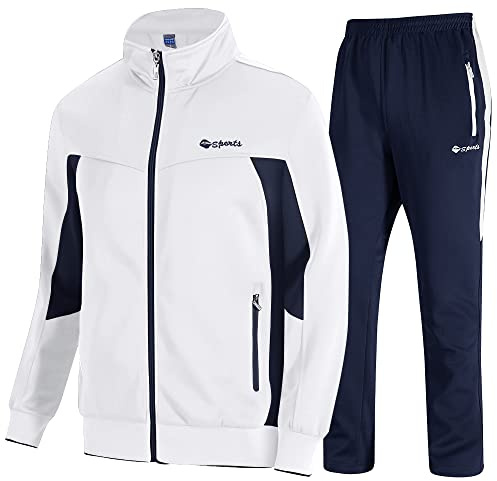 donhobo Trainingsanzug für Herren Sportanzug 2 Teiliges Outfit Sport Set Fitness Sporthose und Trainingsjacke Freizeitanzug Männer Jogginganzug (02weiß Marine, M)