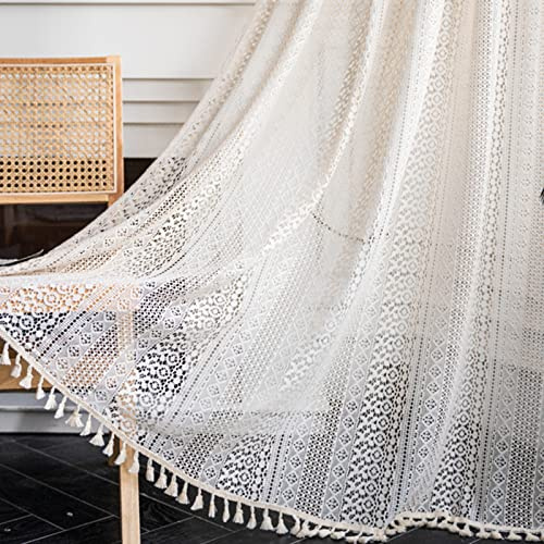 Tospass Vintage Landhausstil Häkeln Stricken Vorhang Boho Bohemien Vorhänge Aushöhlen mit Quaste 2er Set Gardinen Outdoor Baumwolle Gardienen für Wohnzimmer Schlafzimmer Curtains 150x220 cm Beige
