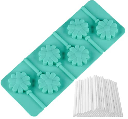 WishesMar Stampo in Silicone 6 Cavità per Cake Pop a Forma di Fiore con 50 Bastoncini di Cartone per Lollipop - Antiaderente Stampi per lecca-lecca, Cioccolatini, Caramelle, Cuocere al Forno