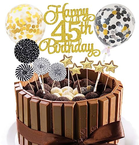 Décoration de gâteau d'anniversaire 45 ans noir et doré – Décoration de gâteau d'anniversaire pour homme et femme