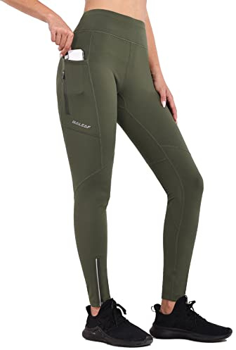 baleaf - Pantalon de course d'hiver thermique doublé en polaire pour femme avec fermeture éclair Poches vélo imperméables Taille haute Collants de randonnée serrés, Vert, M