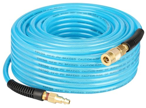 YOTOO Reinforced Polyurethane Air Hose 1/4 Inner Diameter by 100' Long, Flexible, Heavy Duty Air Compressor Hose with Bend Restrictor, 1/4 Swivel Industrial Quick Coupler and Plug, Blue