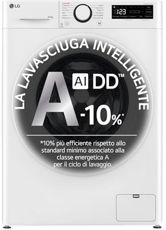 LG AI DD D4R3009NSWW Waschtrockner 9/6 kg, Serie R3, Klasse A-10%/D, Waschmaschine und Trockner, 1400 Umdrehungen, Dampfwäsche, Eco-Hybrid, Allergy Care, Inverter Direct Drive, Weiß
