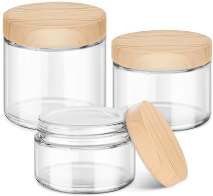 Glass Cosmetic Jars with Plastic Woodgrain Lids, 4 oz, 2 oz 1 oz Small Glass Storage Jars with Lids & Stickers, Reusable Clear Travel Containers for Creams, Lotion, Balms, Ointment 3 pack