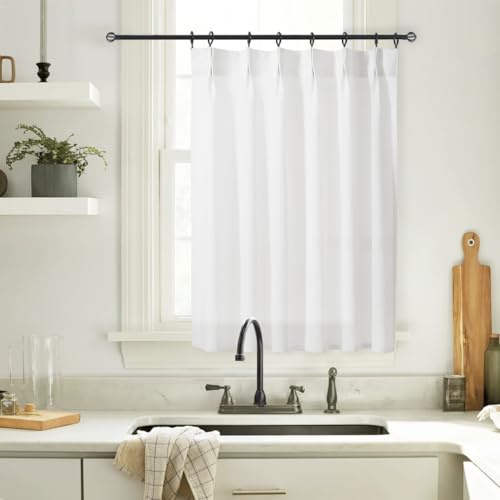 Lino Rosa Bathroom Window Curtain Sheer 36 x 45 Inch Length,Pre Pinch Pleated Cafe White Kitchen Curtains 45 Inches Long