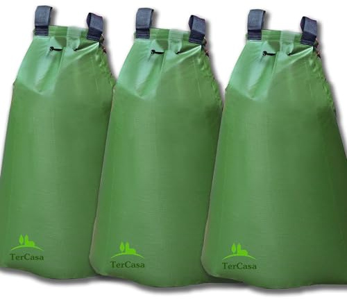 TerCasa 998113 Bevattningssäck för träd 75 liter, med 3 vattensäckar av robust PVC, vattenpåse för skonsam bevattning över 11 timmar, trädpåsar med dragkedja och bärremmar