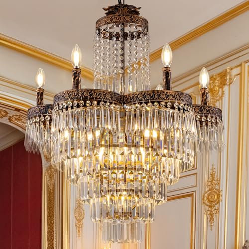 TOCHIC 13 Lights French Empire Crystal Chandelier for Dinig Room, 25 D Vintage Rustic K9 Crystal Ceiling Light Fixture for Bedroom, Antique Bronze Chandelier Light for Living Room Kitchen Foyer