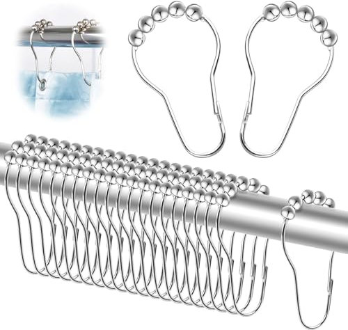 24 Stück Duschvorhang Haken, Duschringe Duschvorhangringe Haken, Aufhängeringe mit Gleitsystem, Duschringe Gardinenringe, Gleitende Duschvorhanghaken für Duschvorhangstange, Kleiderstange (Silber)