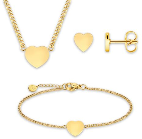 GD GOOD.designs Joyas para mujer - Set de regalo dorado incl. pulsera y collar con colgante corazón, pendientes en forma de corazón| Oro