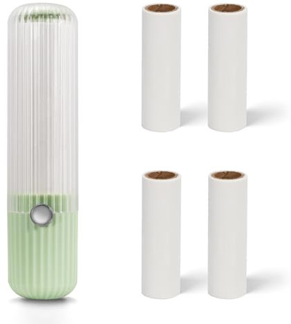 Rodillo de pelusa reutilizable con 4 rollos de repuesto, rodillos adhesivos portátiles para pelo de mascotas, rodillo removedor de pelusas de tamaño de viaje para ropa, muebles y uso doméstico (verde)