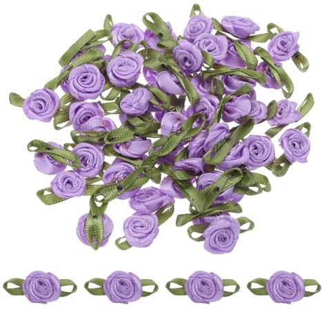 QUARKZMAN 30 stycken ljusvioletta konstgjorda minirosetter blommor 12,7 x 1–3/16 minirosor rosetter rosor med blad tygblommor satinband för sömnad förpackning applikationer pyssel bröllop