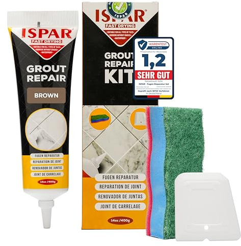 ISPAR Kit Reparación de Juntas (Marrón, 400g) - Lechada y Mortero para Suelos, Baños y Cocinas, Impermeable - Con Espátula y Esponja