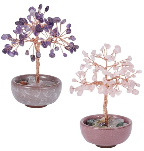 OLYCRAFT 2 st livets träd dekorationer med keramisk bas ametist och rosenkvarts kristallträd handgjorda kristaller ädelsten träd Feng Shui skrivbord pengar träd för lycka hem kontor dekor