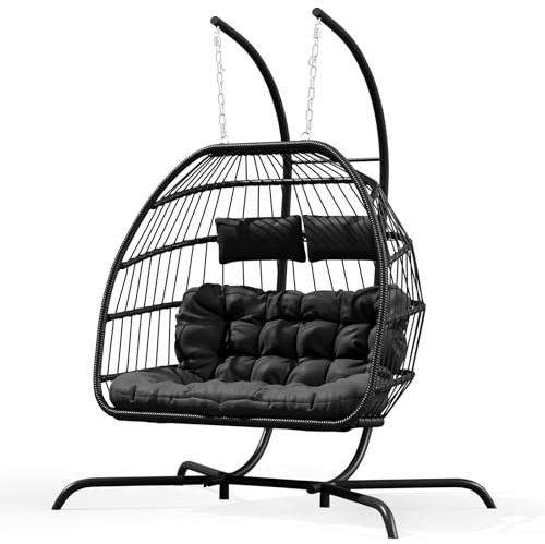 Warmiehomy Swing Egg Chair with Stand 2 Seater Hanging Chair with Cushion PE Wicker Rattan Double Hammock Chairs with Stand Indoor Outdoor Foldable Egg Chairs for Garden, Patio, Balcony, Backyard