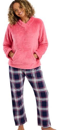 Indigo Sky Womens Lizzie Cosy Fleece Top Pyjama Set – Soft Loungewear with Printed Brushed Cotton Pants & Long-Sleeve Top, Pink, 12-14