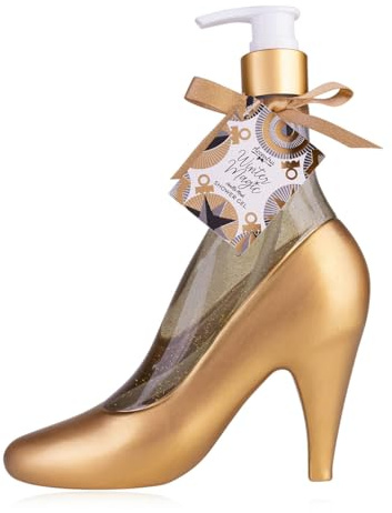 Distributeur de savon Accentra avec savon pour les mains WINTER MAGIC en pompes, savon liquide en pompe distributeur talon haut / stiletto, parfum : vanille musc, cadeau femme Noël avec noeud doré