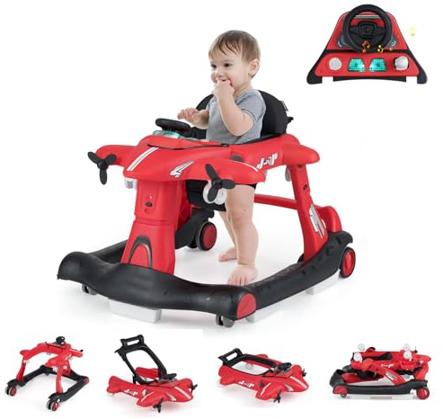 GOPLUS 6-i-1 gåstol, gåvagn med justerbar hastighet och 3 höjder, matbricka, musik, ljus och vikbar design, baby walker i flygplansmotiv för baby 6–18 månader (röd)