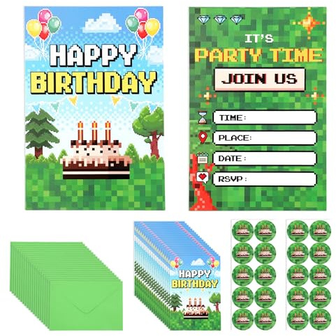SAVITA 20pz Biglietti D'invito di Buon Compleanno a Tema Pixel, con Buste e Adesivi Inviti per Videogiochi per Feste di Compleanno Ragazzi e Ragazze