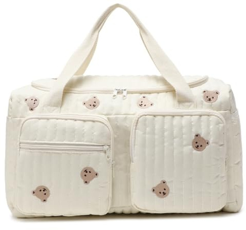 Peosaard Baby sjukhusväska, quiltad blöjväska stor kapacitet nallebjörn mönster söt duffel bärbar och lätt för sjukhus och helgresor, 48 x 22 x 25,8 cm, söt duffel