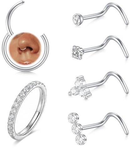 AVYRING Set di 6 piercing da naso sottile da 20 g, con diamante per uomo e donna, in acciaio inox, ipoallergenico, in oro e argento, Acciaio inossidabile