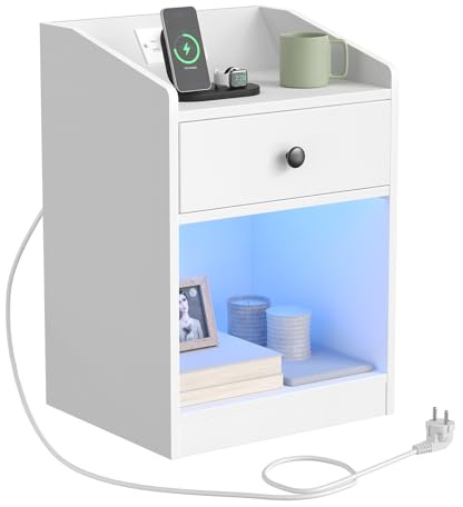 HOOBRO Table de Chevet, Station de Charge (1 AC, 1 USB, 1 Type-C) et Éclairage LED, Table d’Appoint avec 1 Tiroir, Table de Canapé, Style Moderne, pour Chambre, Salon, Dressing, Blanc EWT18CDBZ01G1
