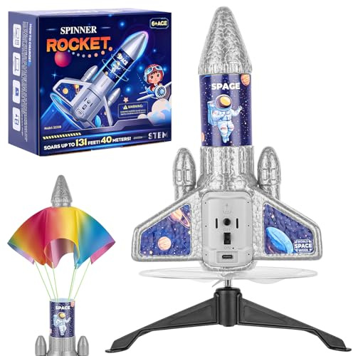 Teoryieer Razzo Spaziale Giocattolo, Razzi Gioco Bambino con Paracadute, Ricaricabile Auto-Lancio Esterno Regalo per Bambini 3 4 5 6 7 8 9 10 Anni (Grigio razzo)