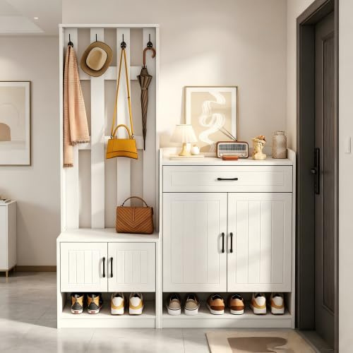 luckdect Ensembles 3 en 1 de Meuble d'entrée vestiaire avec Panneau Porte-Manteau avec Banc à Chaussures,4 Portes,7 Étagère,7 Crochets pour Entrée,Couloir