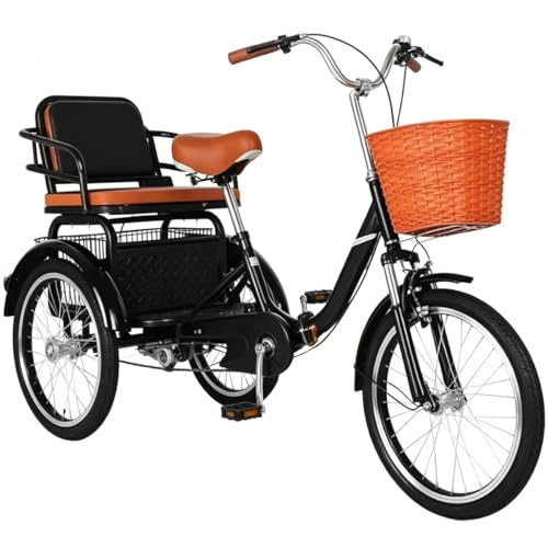 Trehjuling för vuxna med en växel, hopfällbar cykel med 3 hjul, hydraulisk framgaffel, höjdjusterbart styre och sadel, tandemcykel med baksäte, cruisercykel med parkeringsbroms