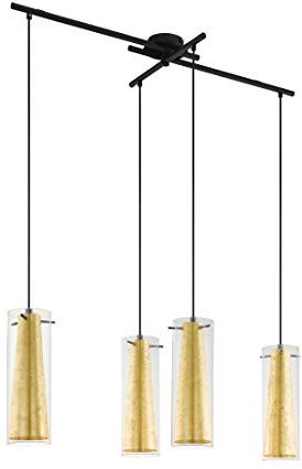 EGLO Pendellampe Pinto Gold, 4-flammige Pendelleuchte, Esszimmerlampe aus Metall in Schwarz und Glas in Transparent und Gold, E27 Fassung