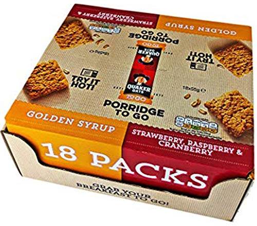 2X Packs Quaker Porridge to Go -Breakfast Squares Wholegrain Oat Cereal Bars 36 x 55g (18 x Golden Syrup + 18 x Strawberry, Raspberry & Cranberry)