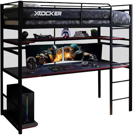 X-Rocker Battlebunk Bunk Bed with Desk, High Sleeper with Desk, Single Loft Bed with Open Shelves, Metal Frame Gaming Bed for Kids Teenagers with Gaming Desk, 90x190cm Single Mattress Included - BLACK