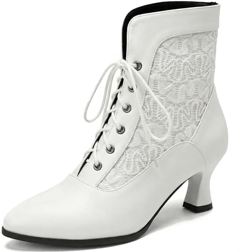 LanreyTaley Women Victorian Lace Booties Wedding Bridal Ankle Boots Witch Costume Boots Mid Heel White Size 39 Asian