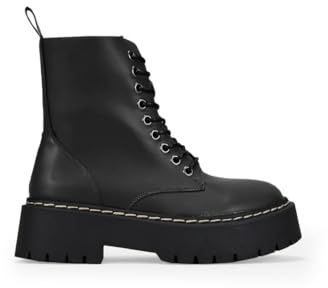 BOSANOVA Stivali Militari Stile Punk realizzati in Pelle Vegana con Piattaforma Dentellata e Lacciuoli fino alla Parte Superiore. Chiusura con Cerniera. Calzature per Donna, Nero , 36 EU